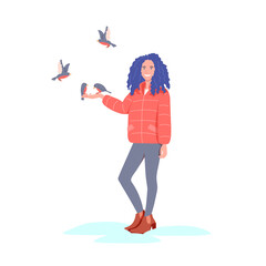 Smiling girl feeds the birds at winter. Colorful vector illustration isolated on white background
