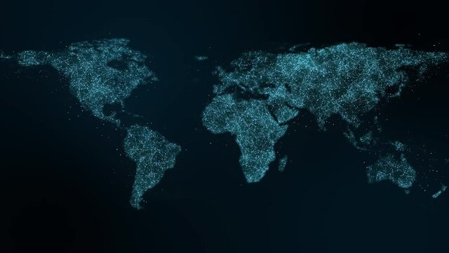 Blue earth digital technology, business and communications background. Animation of the Earth globe rotating with light bar and plexus particles. 3D rendering.

