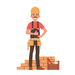 A man in a work clothes and construction helmet with tools shows the thumbs up. Handyman, repairer or builder. Vector illustration