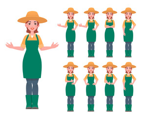 Cheerful pretty young farmer girl. Different poses set. Vector illustration