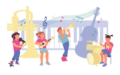 Children playing musical instruments - school orchestra concert performance or music class, flat vector illustration isolated on white background. Children learn to play musical instruments.