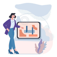 Business woman making presentation pointing at presentation board. Seminar, webinar and coaching, teaching and tutorials application, flat vector illustration isolated on white background.