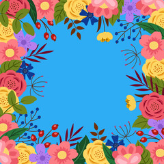 Template on a blue background with abstract leaves and flowers. Made in a flat style. Vector.