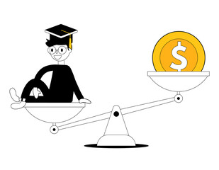 Value of education, diploma. Cost of study. Investment in education. Vector illustration concept with coin, dollar sign, scales, student cartoon character black and white with yellow color concept.