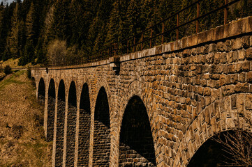 Historic railway viaduct situated in the forest near Telgart in Slovakia. Chmarossky viadukt....