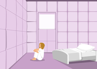 Woman in straitjacket in asylum, girl patient of mentally clinic. Madhouse room with bed, padded soft floor and walls. Psychiatric hospital for people with mental disorder. Cartoon vector illustration