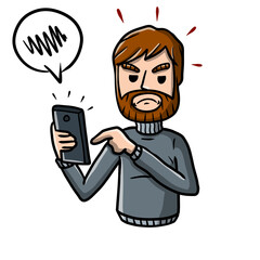 Young man with a mobile phone. Unpleasant conversation. Angry bearded guy with a modern device. Bad SMS and talking problems. Bubble for text. Cartoon hand drawn sketch illustration