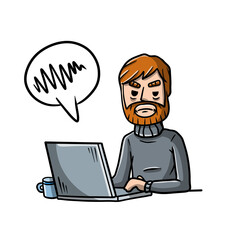 Man sitting at table with laptop. Sad displeased character.