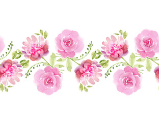 seamless border with watercolor pink rose flowers. isolated on white background hand painted, for weddings and invitations