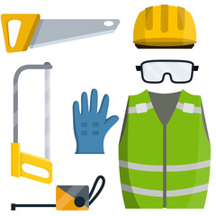 Set of clothes Builder and worker. Green vest, helmet, glasses, gloves. jigsaw and saw of lumberjack. Safety and tools for cutting trees. Cartoon flat illustration. Repair and maintenance