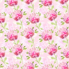 seamless pattern with delicate flowers on a pink background, watercolor illustration hand painted