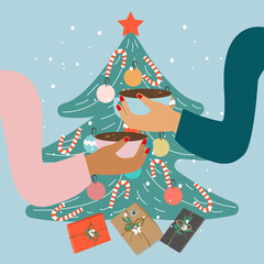 Christmas card. Christmas trees with Christmas toys and gifts under the tree. And two female hands drinking hot cocoa in front of the Christmas tree. Vector illustration 
