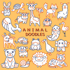 Cute animals, fox, bunny, sheep, cow, tiger, duck, giraffe, turtle, whale, bear, elephant, frog, cat doodle with blue and orange line on yellow background 