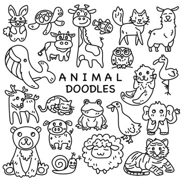 Black lines cute animals, fox, bunny, sheep, cow, tiger, duck, giraffe, turtle, whale, bear, elephant, frog, cat doodle on white background 