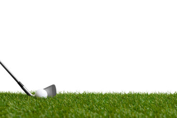 White golf ball and stick on green grass isolated on white. Horizontal sport poster, greeting...