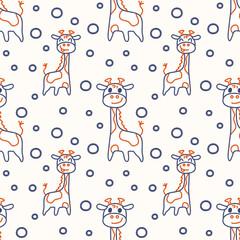 Baby giraffe, blue and orange line, cute animal seamless pattern with soft background