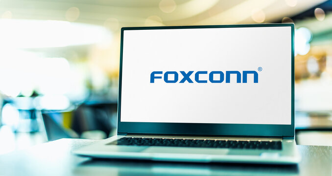 Laptop computer displaying logo of Foxconn