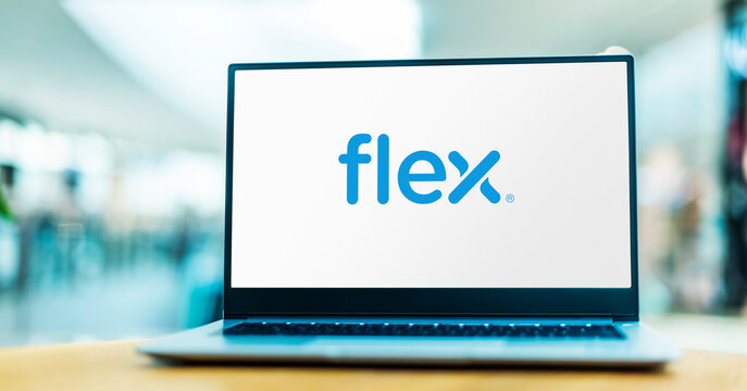 Laptop computer displaying logo of Flex