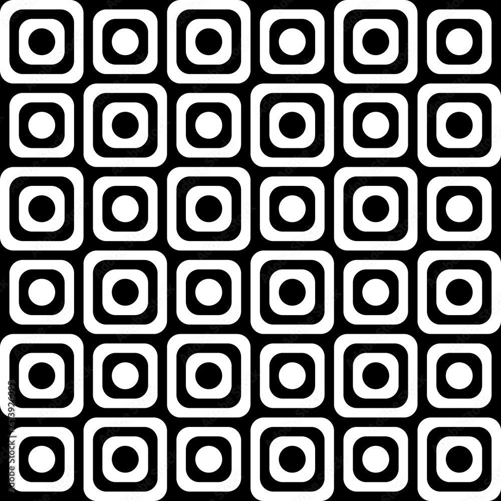 Poster Checkered 6x6 board. Vector black and white same shapes. Checkers pattern with dots in center of cells.