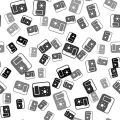 Black Travel postcard icon isolated seamless pattern on white background. Tourist greeting card. Vector