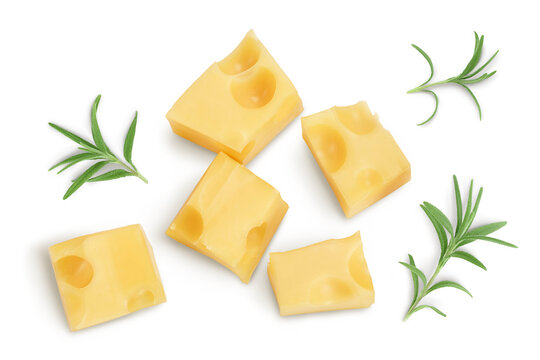 cubes of cheese isolated on white background with clipping path. Top view. Flat lay