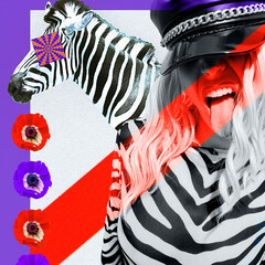 Contemporary digital funky minimal collage poster. Stylish Party zebra Lady. Trendy animal print. Back in 90s. Pop art zine fashion, music, clubbing culture. - obrazy, fototapety, plakaty