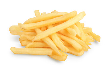 French fries or fried potatoes isolated on white background with clipping path and full depth of field
