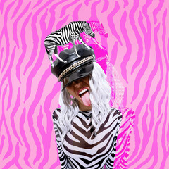 Contemporary digital funky minimal collage poster. Stylish emotional party zebra Lady. Trendy animal print. Back in 90s. Pop art zine fashion, music, clubbing culture. - obrazy, fototapety, plakaty