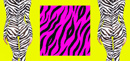 Contemporary digital funky minimal collage poster. Fashion zebra Ladies back front banner. Back in...