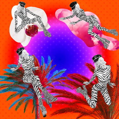 Fototapeta na wymiar Contemporary digital funky minimal collage poster. Party zebra Ladies in tropical geometry space. Beach vacation mood. Back in 90s. Pop art zine fashion, music, clubbing culture.