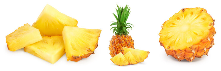 pineapple half and slices isolated on white background with full depth of field, Set or collection