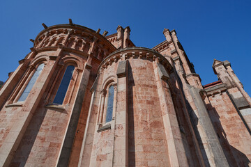Basilica of Santa María la Real de Covadonga (Cuadonga) in Asturias (Asturies). Neo-Romanesque style temple designed by Roberto Frassinelli and built entirely in pink limestone.