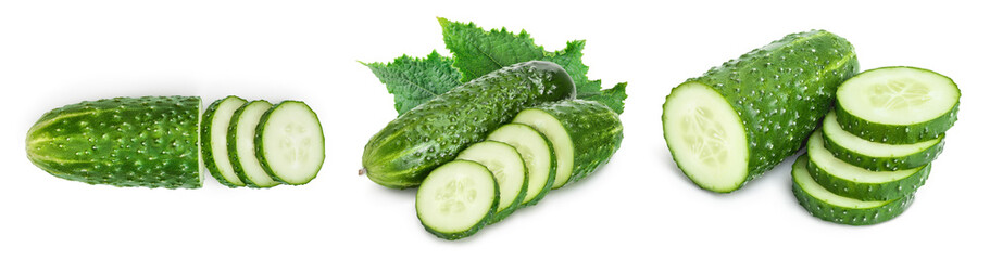 Sliced cucumber isolated on white background. Set or collection