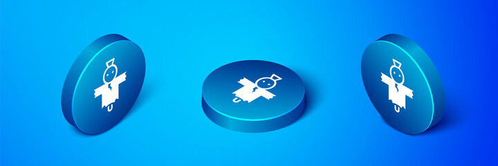Isometric Scarecrow icon isolated on blue background. Happy Halloween party. Blue circle button. Vector
