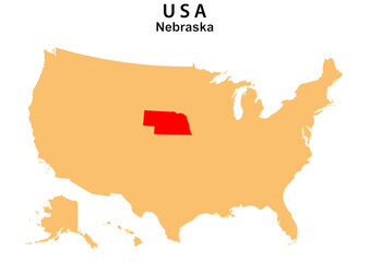 Nebraska State map highlighted on USA map. Nebraska map on United state of America.