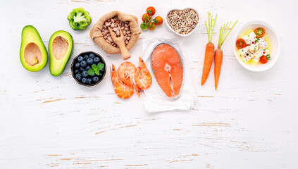 Ketogenic low carbs diet concept. Ingredients for healthy foods selection set up on white concrete background.