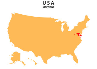 Maryland State map highlighted on USA map. Maryland map on United state of America.