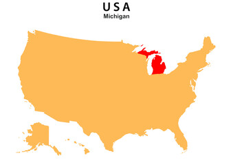 Michigan State map highlighted on USA map. Michigan map on United state of America.