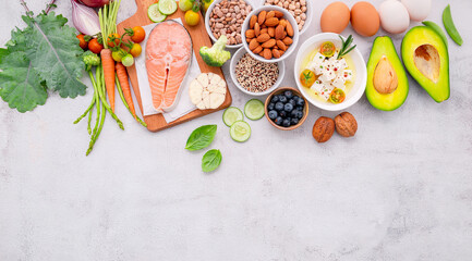 Ketogenic low carbs diet concept. Ingredients for healthy foods selection set up on white concrete background. - 433929274