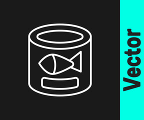 White line Canned fish icon isolated on black background. Vector