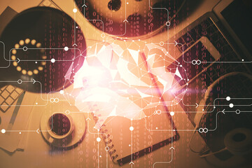 Double exposure of brain sketch and table top veiw. Concept of data analysis.