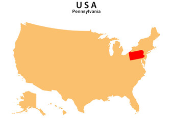 Pennsylvania State map highlighted on USA map. Pennsylvania map on United state of America.