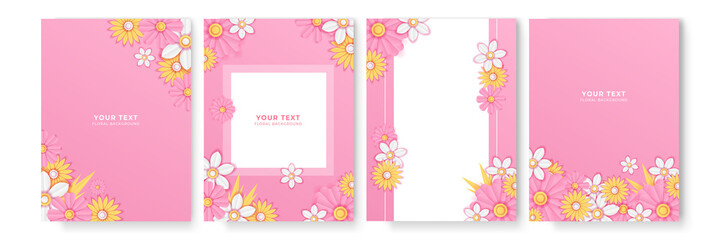 Obraz premium Set of card with flower rose, leaves paper cut. Wedding ornament concept. Floral poster, invite. Vector decorative greeting card or invitation design background. Modern Floral Frame.