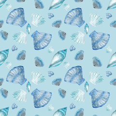 Fototapeta na wymiar Different watercolor seashells in blue tones on blue background, delicate summer pattern with seashells