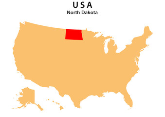 North Dakota State map highlighted on USA map. North Dakota map on United state of America.