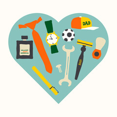 Man's stuff in blue heart form. Father's Day card. Hand-drawn illustration with man's objects