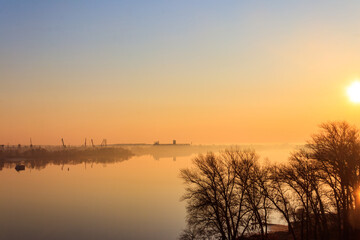 View of the Dnieper river at sunrise in Kremenchug, Ukraine