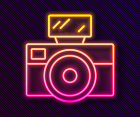 Glowing neon line Photo camera with lighting flash icon isolated on black background. Foto camera. Digital photography. Vector