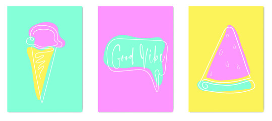 Acid neon summer vector cards. Creative minimalist design for postcards, posters, wall decor. Trendy set with watermelon, ice cream and bubble text on white background. One line drawing.