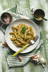 pasta with pesto - traditional Italian recipe - closeup